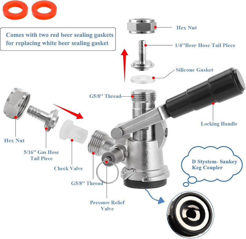 WELLBOM Keg Coupler for Sankey D System Beer Keg Tap Dispenser-304 Stainless Steel Probe, Beer Kegerator Tap D-Type Sankey Keg Coupler fit for I.D1/4", 3/16" Draft Beer Line & 5/16'' Gas Line with Hose Clamps - Image 2